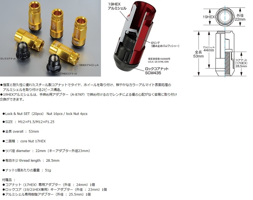 協永産業 シェルタイプ ロック ナットセット CL53 20個 M12XP1.5 クローズエンド 全長53mm　アルミシェル44mm CL53-11U KYO-EI_画像3