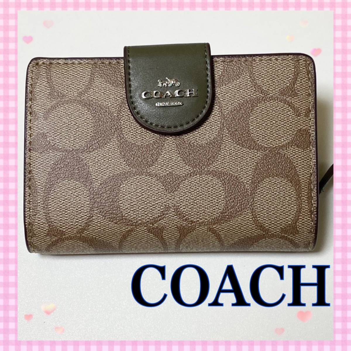 新品/未使用 COACH レディース カーキグリーン 二つ折り財布-