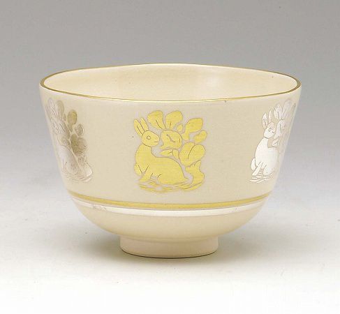 茶道具 抹茶茶碗 色絵 花兎はなうさぎ、京焼 相模竜泉作、桐共箱 新品