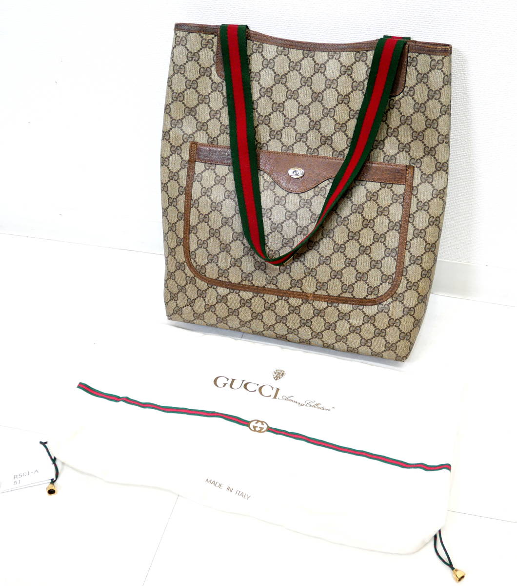 ▲(R501-A51) GUCCI オールドグッチ シェリーライン GG レザー PVC トートバッグ ハンドバッグ A4収納可の画像1