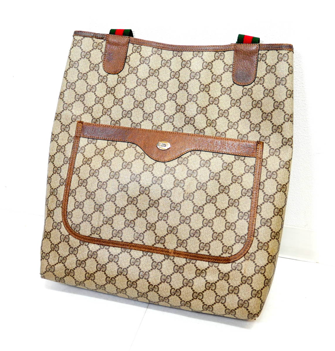 ▲(R501-A51) GUCCI オールドグッチ シェリーライン GG レザー PVC トートバッグ ハンドバッグ A4収納可の画像2