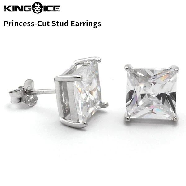 【トップの幅 8mm】King Ice キングアイス プリンセスカット スタッド ピアス ホワイトゴールド Princess-Cut Stud Earrings イヤリング_画像1