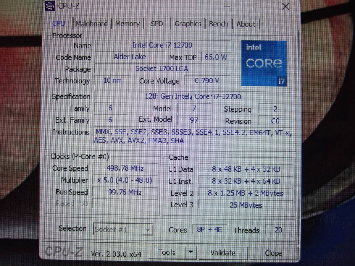 ★Intel 12世代（Alder Lake）Core i7 12700 BOX LGA1700 中古品_CPU-Zの表示です。