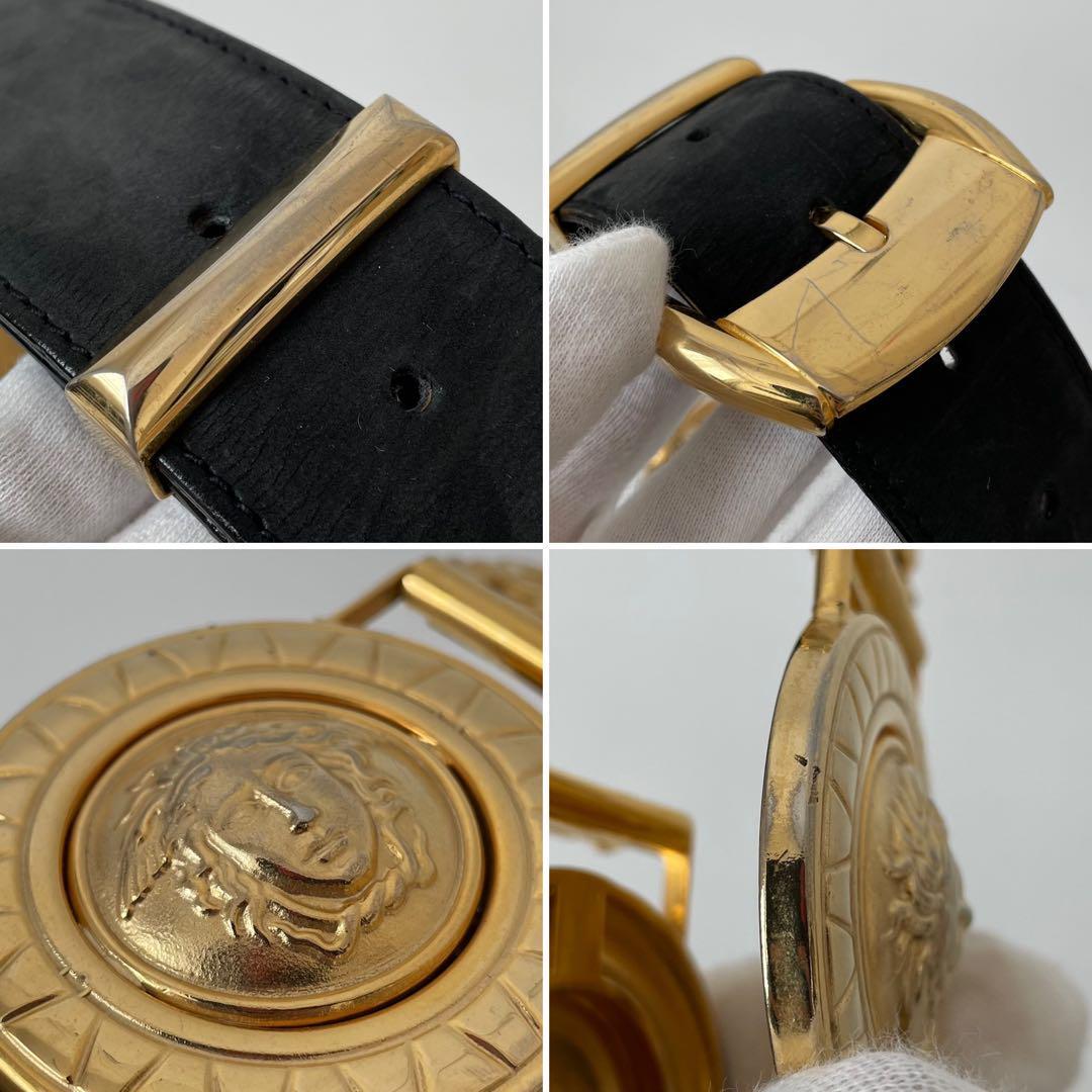 【レア 美品】Versace ヴェルサーチ メデューサ ベルト レザー ゴールド金具 サークル 豪華 黒 イタリア製