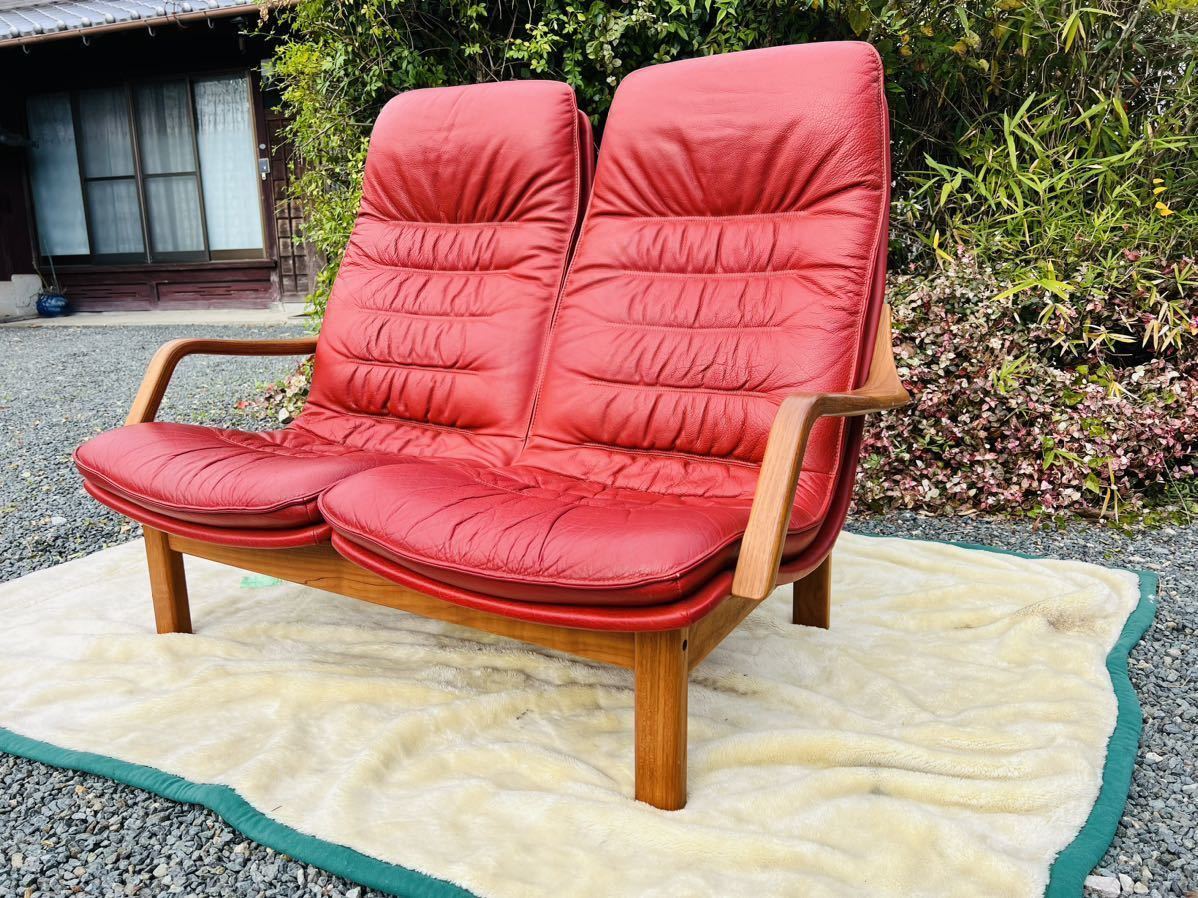  rare /BERG Furniture bell g furniture / Denmark / original leather / high back /2 seater . sofa /2P/ chair / cheeks purity / Northern Europe / red / Mid-century 