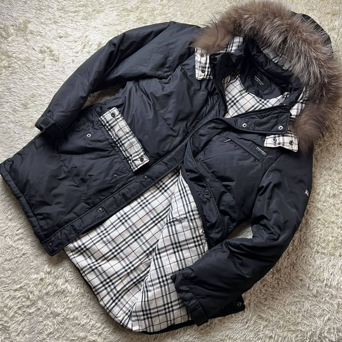 D10最高級◎バーバリーブラックレーベル BURBERRY BLACK LABEL ノバチェック シルバーフォックスファー ダウンジャケット 2way ブラック 黒_画像1