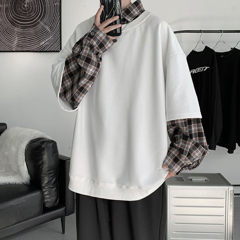 メンズ Tシャツ トレーナー 韓国風 重ね着風 長袖 大きいサイズ ゆったり チェック柄 春秋 メンズファッションJUAS068(2色M-2XL)_画像2