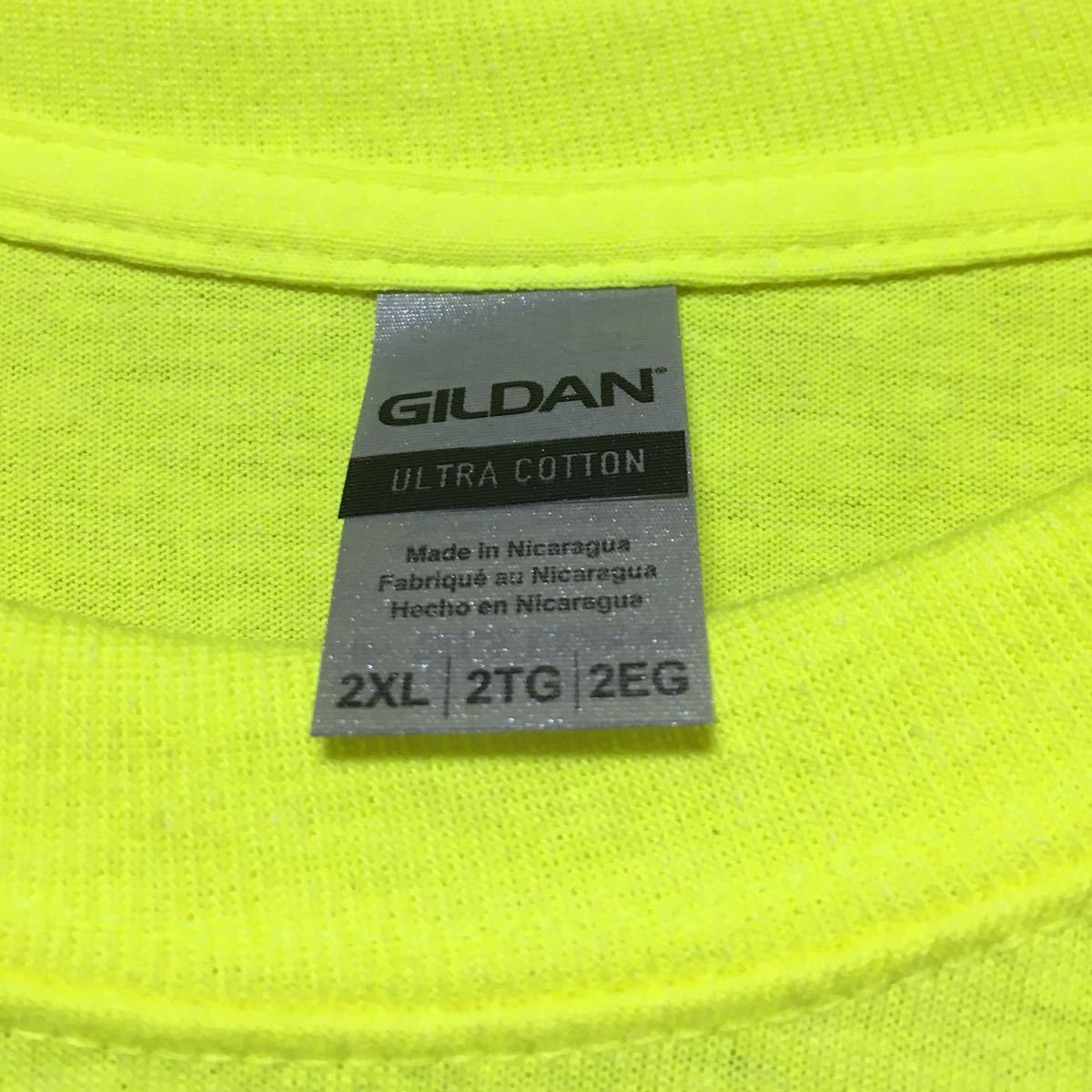 GILDAN セーフティグリーン 2XLサイズ 蛍光 ネオンイエロー 半袖無地Tシャツ ポケット付き 6.0oz ギルダン_画像2