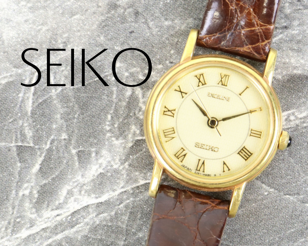 【18KT】SEIKO EXCELINE セイコー エクセリーヌ 2J41-0020 金無垢 レディース腕時計 総重量約17g 純正 革ベルト 050IFEK22_画像1