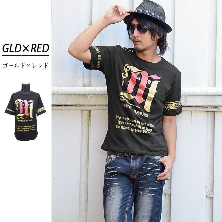 Tシャツ 半袖 メンズ 半袖Tシャツ 半袖Tシャツ オラオラ 悪羅悪羅 カジュアル きれいめ ロック 70740 ブラック×ゴールド M_画像1