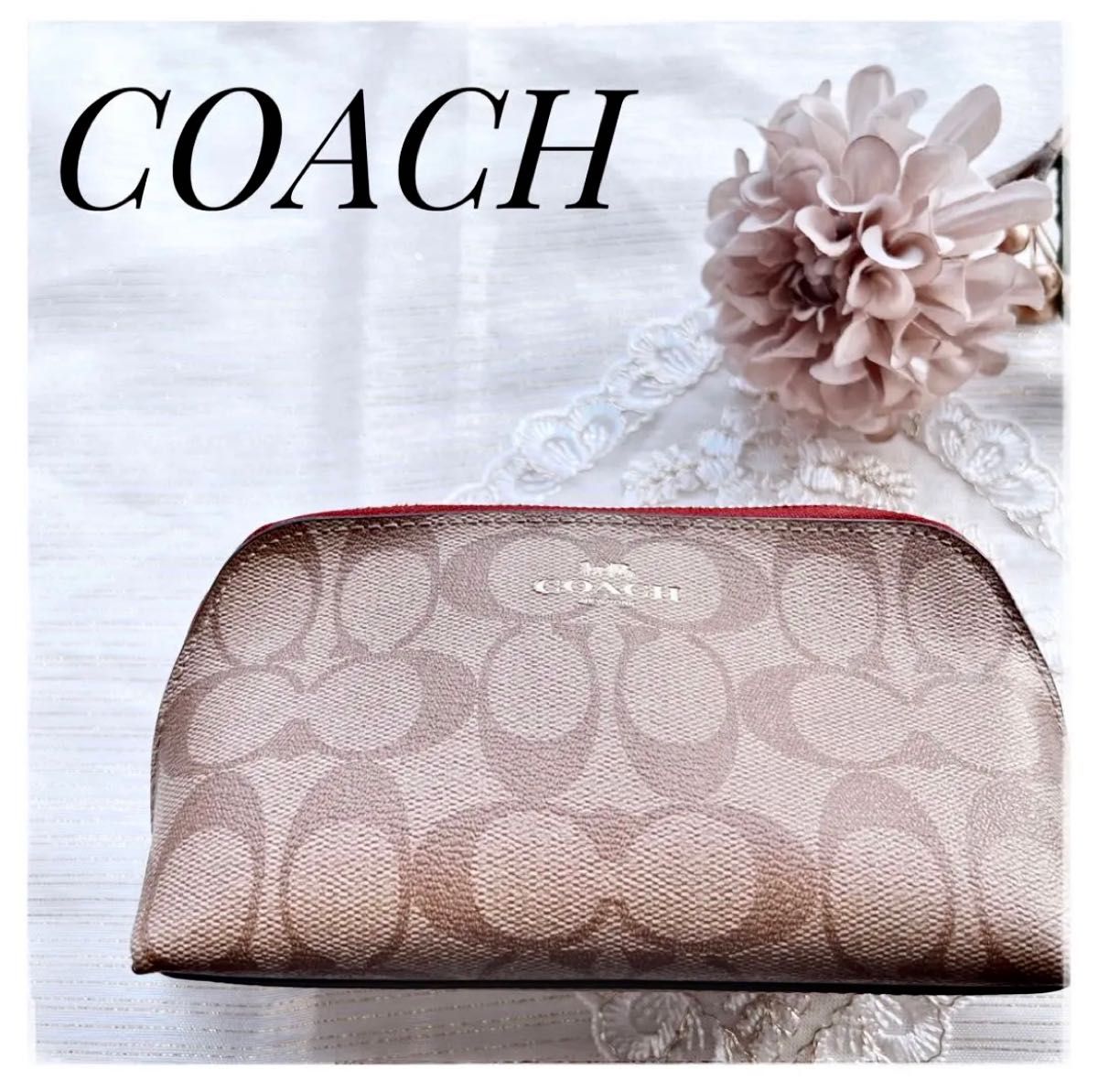 美品 COACH ポーチ シグネチャー レッド系 化粧ポーチ 小物入れ