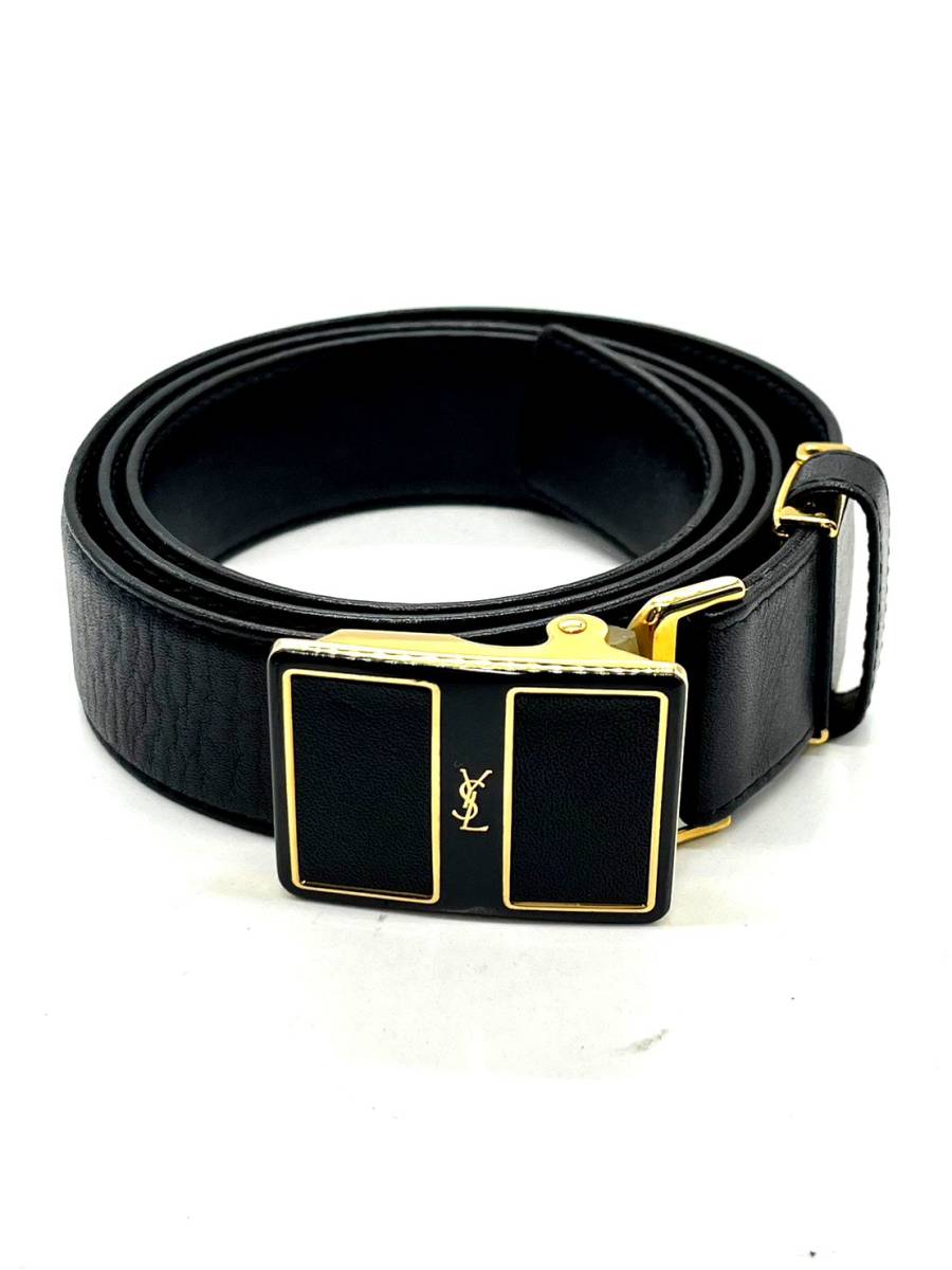 Yves Saint Laurent レザーベルト ブラック×ゴールド ロゴ|PayPayフリマ