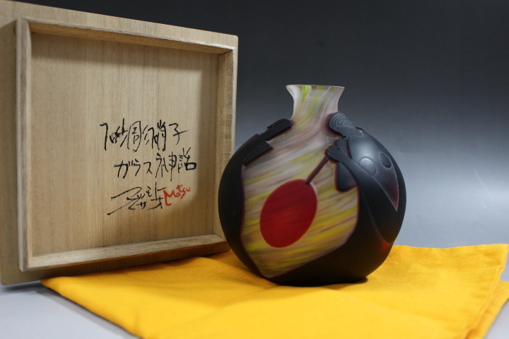 d733 技工名品 硝子工芸作家 名工 松本正雄 作 造 砂彫硝子 ガラス神話 壷 共箱 栞付 美品 煎茶道具 松坂屋購入 本物保証
