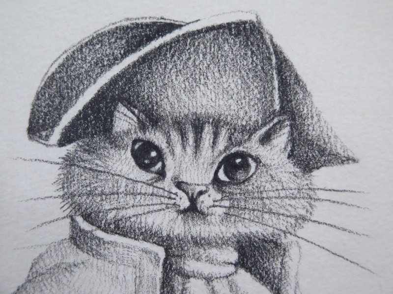 希少 デッサン・原画 小澤摩純 『Admiral Cat(提督猫)』 裏に直筆サイン有 有名作品 鉛筆画 額装 真作保証 s437の画像4