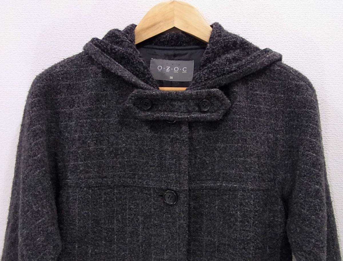 SALE стоимость доставки 1040 иен ~( быстрое решение. бесплатная доставка ) OZOC с капюшоном . длинное пальто 38(M 9 номер ) темно-серый полоса толстый шерсть Ozoc женский женский 