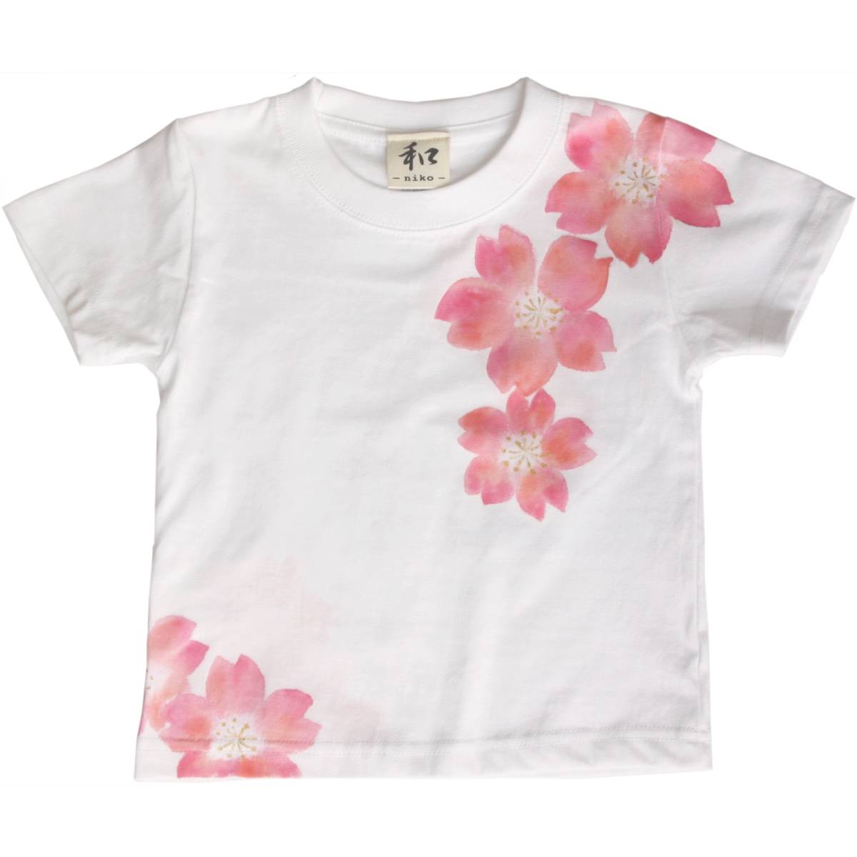 子供服 キッズTシャツ 120サイズ ホワイト 舞桜柄 Tシャツ ハンドメイド 手描きTシャツ 和柄 春