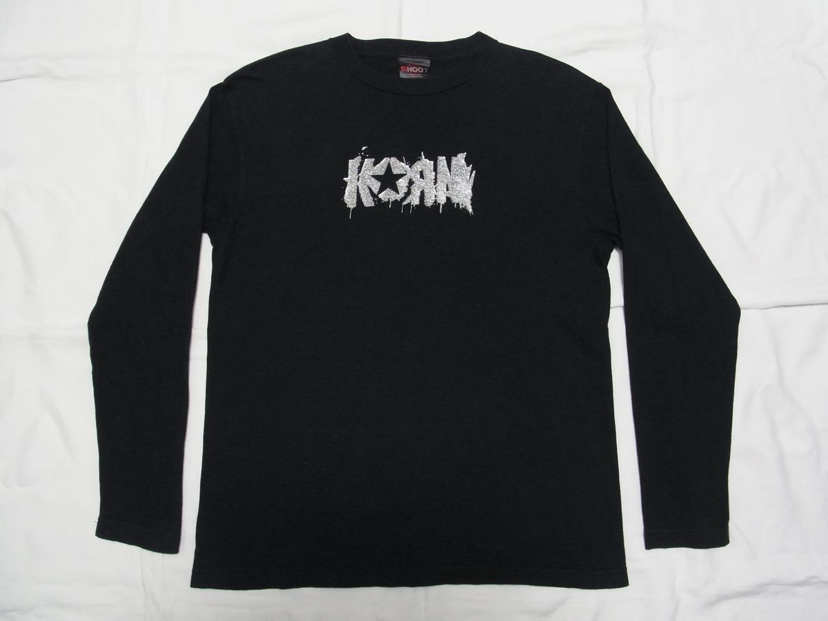 ☆ Korn コーン 銀ラメ 長袖 Tシャツ sizeM 黒 ☆USA古着 ロンT ラップ ヘヴィメタル バンド SHOOT ロック ライブ ツアー_画像1