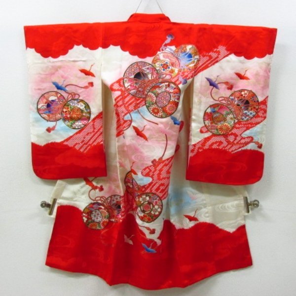* kimono 10* 1 jpy silk child kimono The Seven-Five-Three Festival for girl 3 -years old for hand drum . leaf Sakura . plum . crane .. underskirt set . length 98cm.43.5cm [ including in a package possible ] **