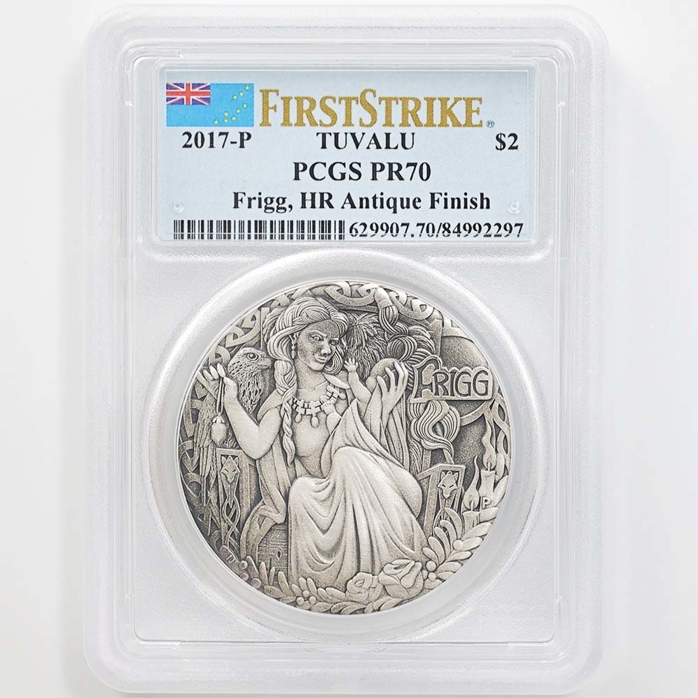 2017 ツバル プルーフ ハイリレーフ 2 オンス 北欧の女神 フリッグ 銀貨 PCGS PR 70 FS 初鋳版 Antique Finish 最高鑑定 完全未使用品の画像1