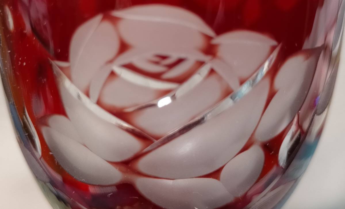 未使用品 江戸切子 ワイングラス レッドカラー バラの花 稀少 素敵 伝統工芸 1
