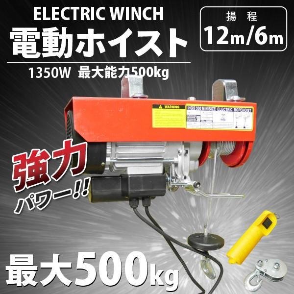 【高品質】電動ホイスト 最大能力500Kg 930W 電動クレーンホイスト 安全装置 吊り上げ 吊り下げ 100V家庭電源OK！_画像1