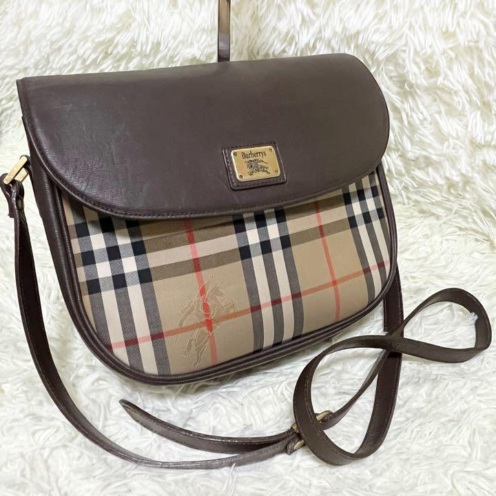 BURBERRY バーバリーズ ショルダーバッグ ノバチェック シャドーホース ホースロゴ ロゴプレート キャンバス レザー ベージュ ブラウン 茶