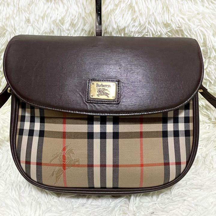 BURBERRY バーバリーズ ショルダーバッグ ノバチェック シャドーホース ホースロゴ ロゴプレート キャンバス レザー ベージュ ブラウン 茶