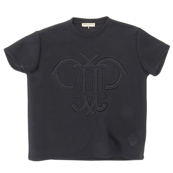 美品 エミリオプッチ Emilio Pucci カットワーク ロゴ Tシャツ 黒 sizeS Y01666
