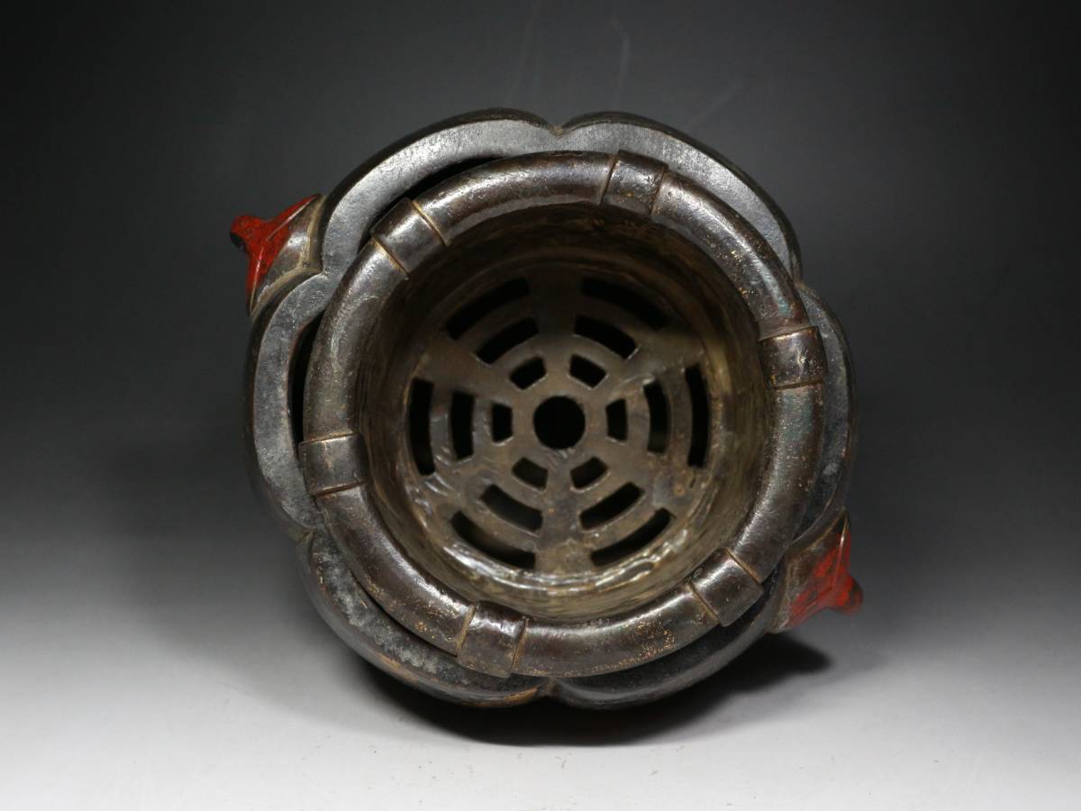 ■中国古玩■古銅・鍍金・獣双耳・三足涼炉・獣口・風炉・瓶掛・鉄瓶・在印在銘・煎茶道具・f490