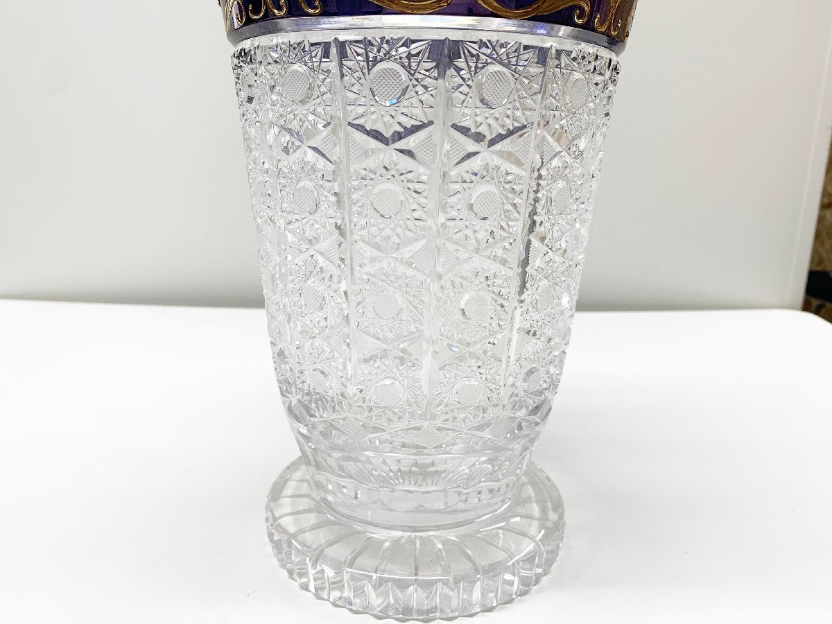 ボヘミア フラワーベース 花瓶 金彩 花柄 クリスタルガラス ブルー 高さ30㎝_画像2