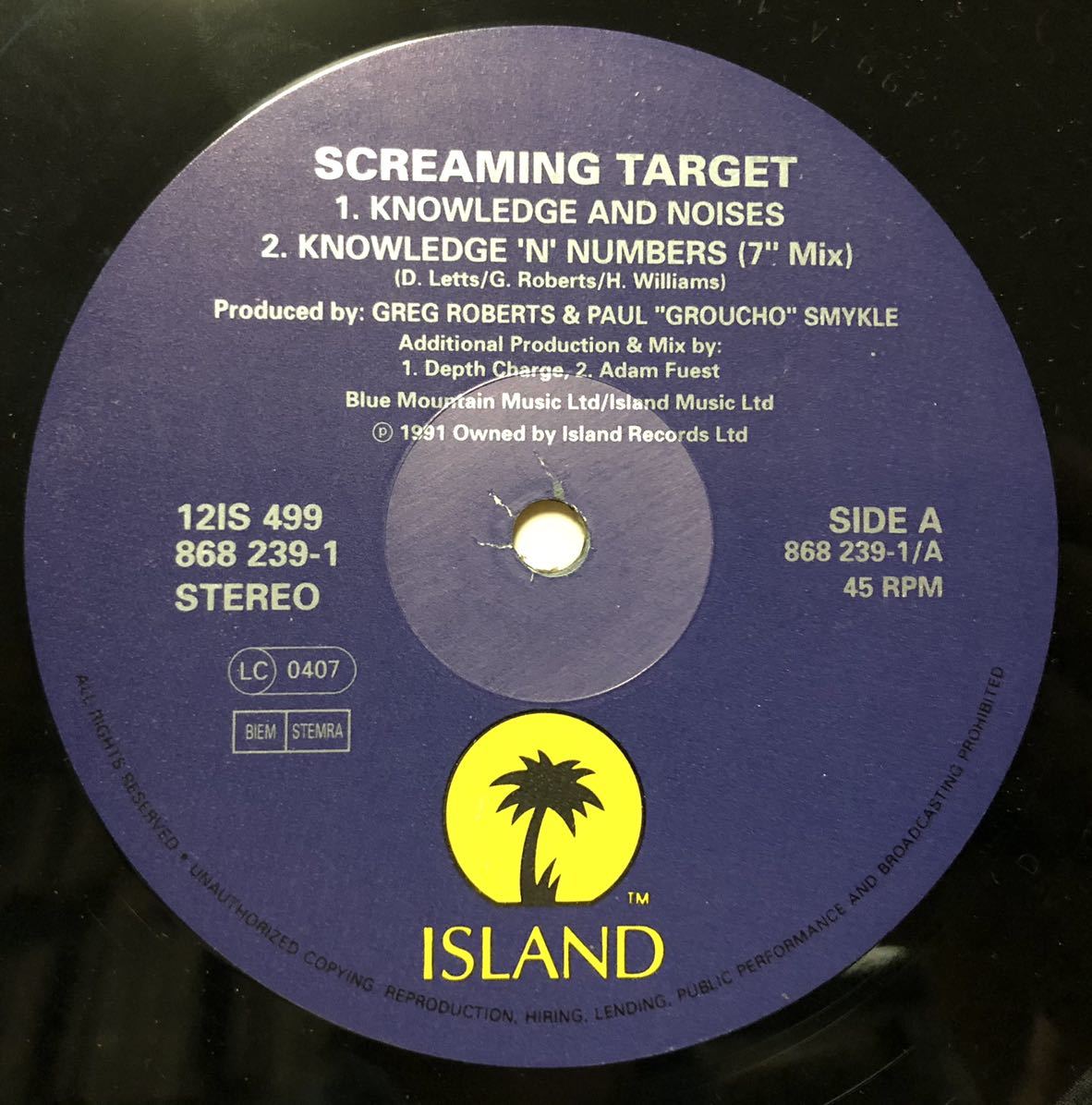 激レア 人気 倉庫出 1991 Screaming Target / Knowledge N Numbers Remix Original UK 12 Island Records 12 IS 499 90s Dub Trip Hop Raga_画像2