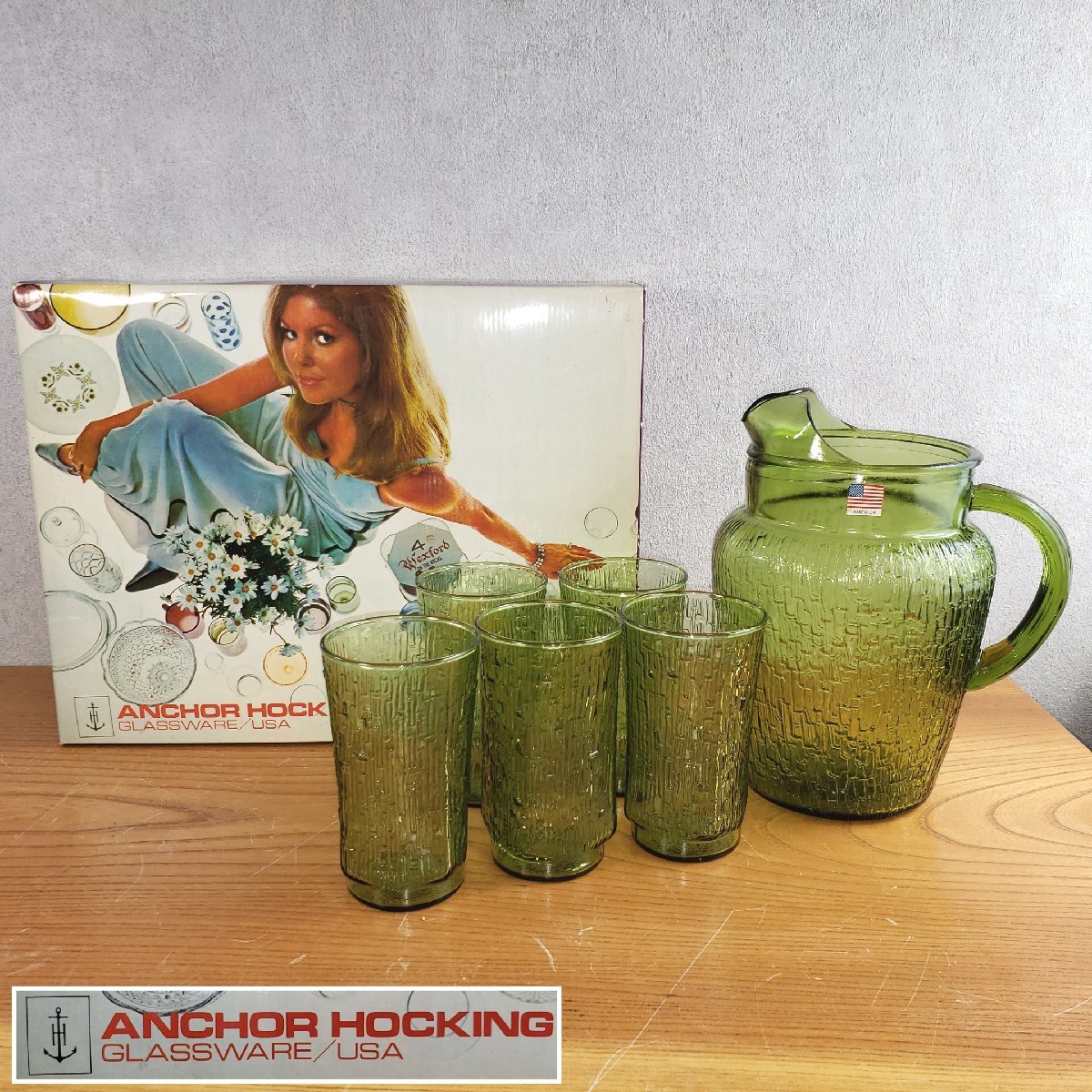  pitcher glass ANCHOR HOCKING anchor ho  King avocado green avocado green green pitcher retro GLASSWARE USA[100s1173]