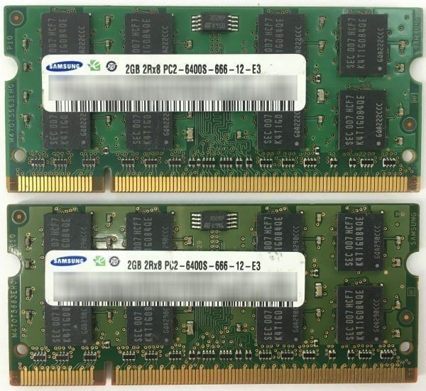 【2G×2枚セット】SAMSUNG PC2-6400S(DDR2-800) 計4G 2R×8 中古メモリー ノートPC用 DDR2 即決 動作保証【送料無料】_画像1