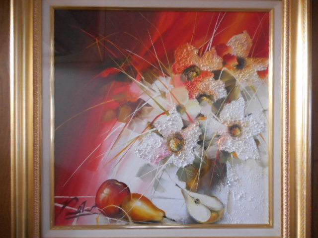 油彩画 油絵 原画 絵画等 レイモン プーレ 赤い基調のブーケ 厚塗り
