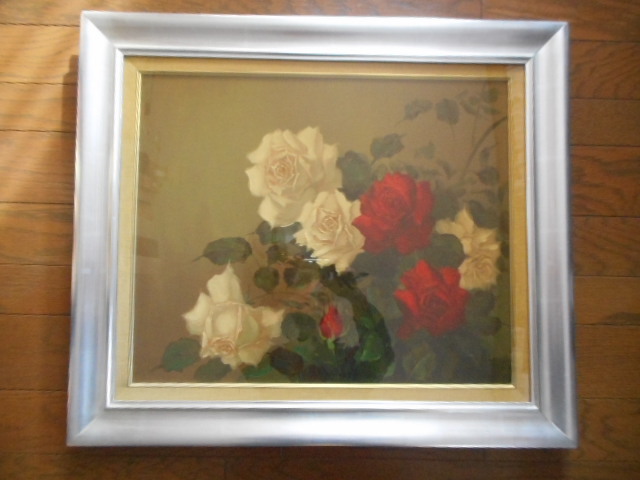 油彩画　油絵　原画　 絵画等　薔薇　ばら　バラ　花束　紅白　　アンティーク　コレクション_画像1