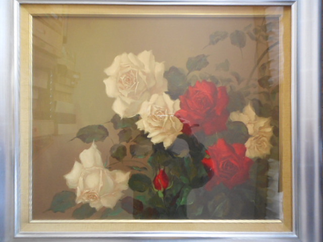 油彩画　油絵　原画　 絵画等　薔薇　ばら　バラ　花束　紅白　　アンティーク　コレクション_画像2