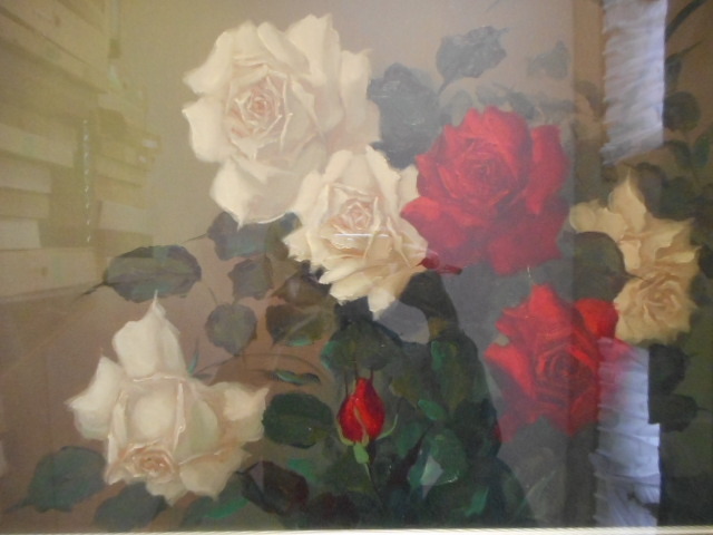 油彩画　油絵　原画　 絵画等　薔薇　ばら　バラ　花束　紅白　　アンティーク　コレクション_画像3