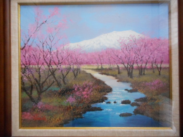 油彩画 油絵 原画 絵画等 春の小川 梅 桜 雪山 雪解け せせらぎ 誕生