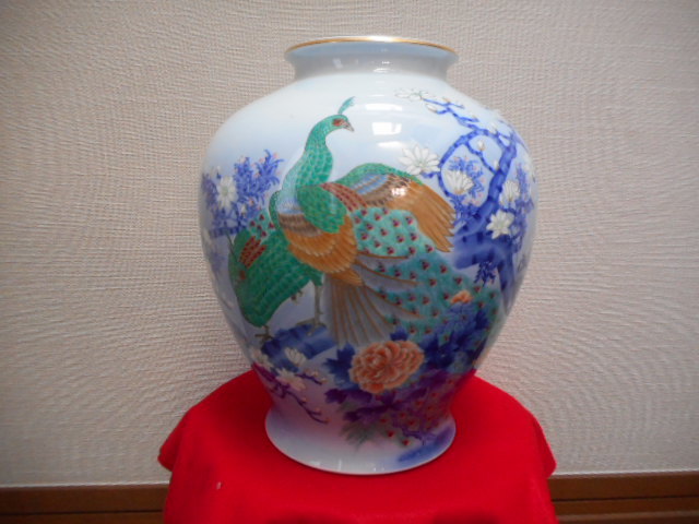 玄関先迄納品 花器 花瓶 深川製磁 孔雀 大型 茶器 生花 香蘭社