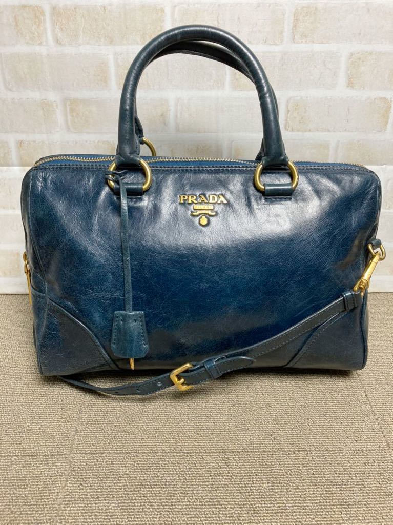 良品 プラダ ゴールドカラーロゴ 本革 2wayハンドバッグ ミニボストン