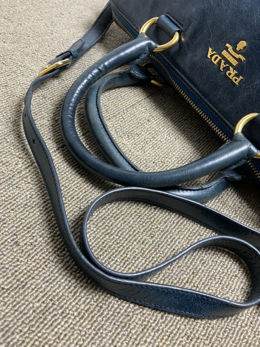 良品 プラダ ゴールドカラーロゴ 本革 2wayハンドバッグ ミニボストンバッグ
