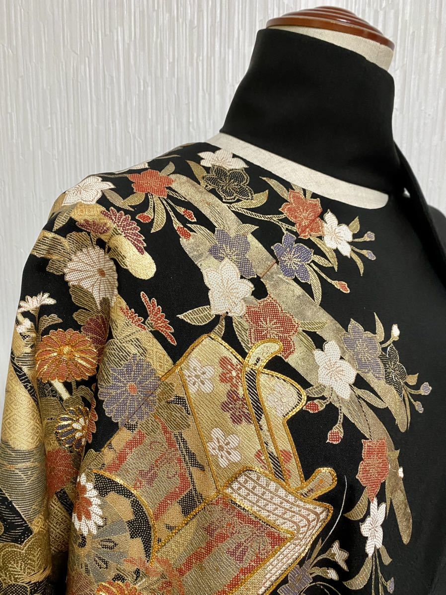 BIG WAVE】御所車 M 正絹 黒留袖 アロハシャツ☆金駒刺繍の御所車 金彩