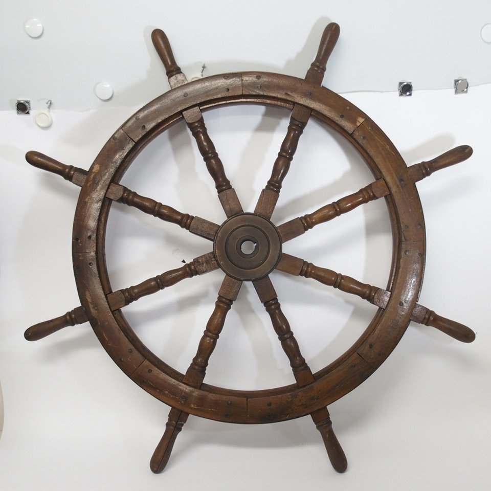 f002 KAIDAN 船舶 操舵輪 木製 特大 船 舵 レトロ アンティーク 飾り 直径約108cm 詳細不明の画像1