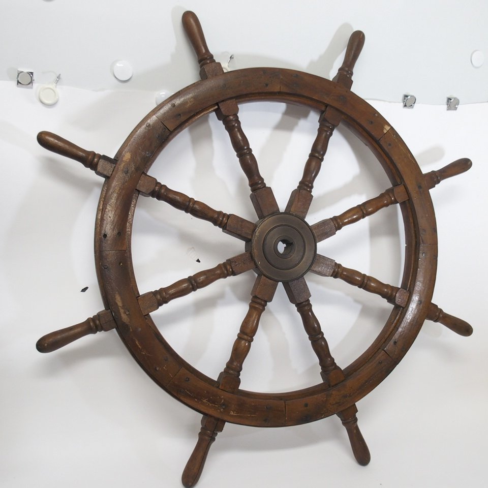 f002 KAIDAN 船舶 操舵輪 木製 特大 船 舵 レトロ アンティーク 飾り 直径約108cm 詳細不明の画像2