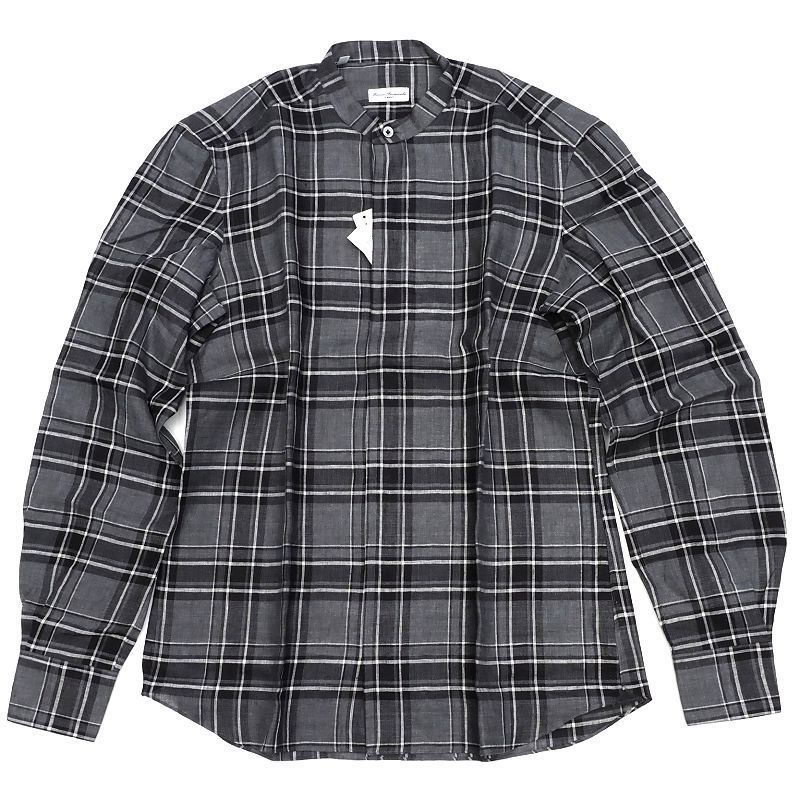 A04242 新品 22SS ERRICO FORMICOLA バンドカラー リネンシャツ 【サイズ：L】 ダークグレー×ブラック エッリコフォルミコラ メンズ