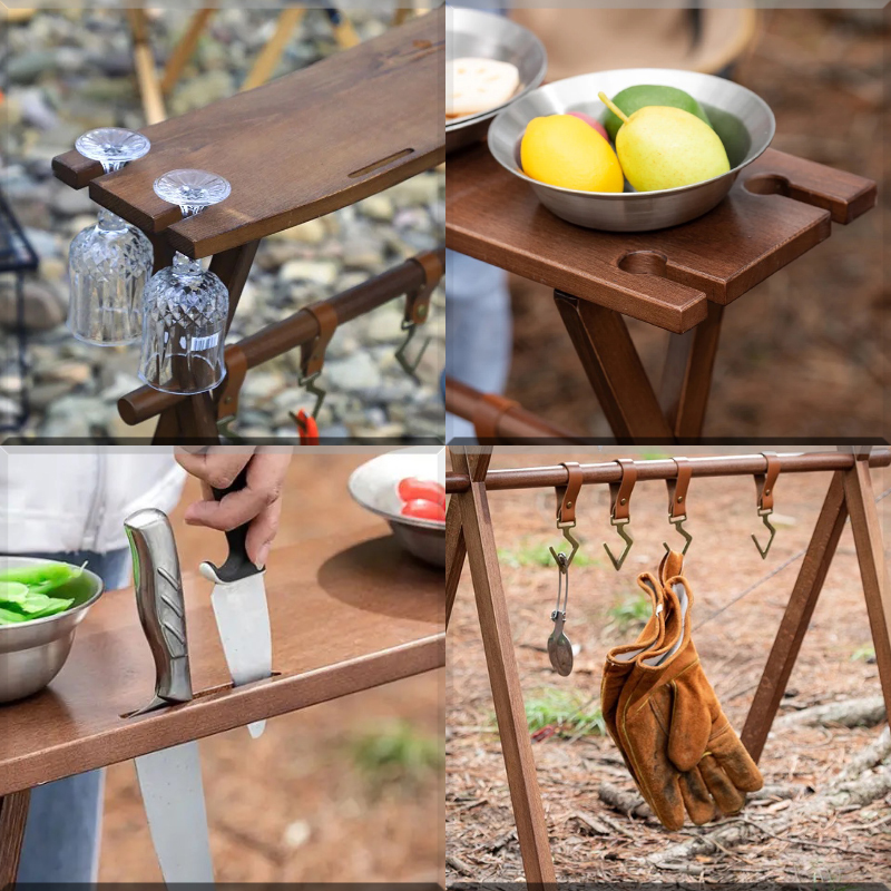 *CHANODUG OUTDOOR* outdoor wood hanging 2WAY rack * Brown * leather hook 5 point * case attaching * camping hanger rack *4