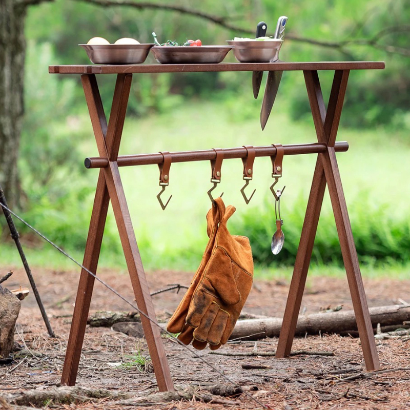 *CHANODUG OUTDOOR* outdoor wood hanging 2WAY rack * Brown * leather hook 5 point * case attaching * camping hanger rack *4