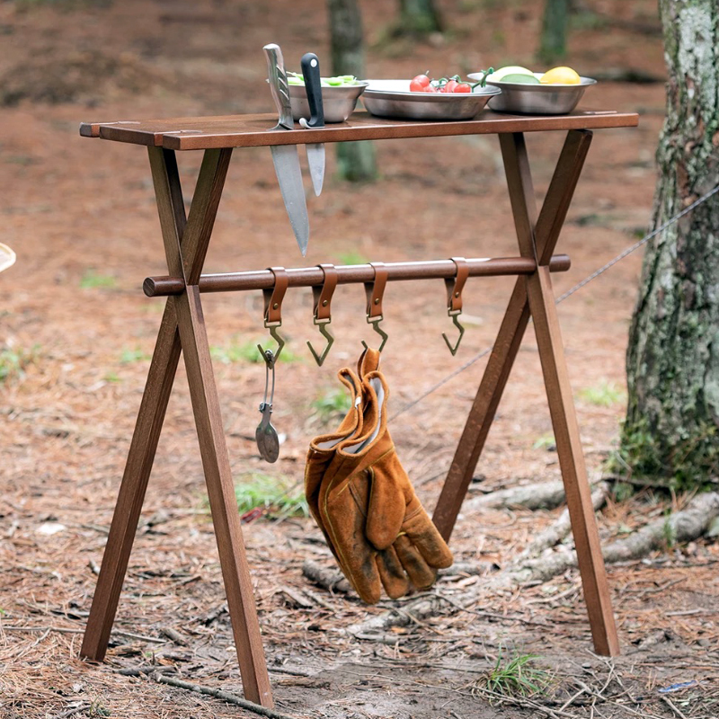 *CHANODUG OUTDOOR* outdoor wood hanging 2WAY rack * Brown * leather hook 5 point * case attaching * camping hanger rack *4