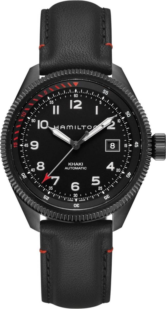 Hamilton Khaki Aviation Men's Black Watch with Leather Band - H76695733 海外 即決