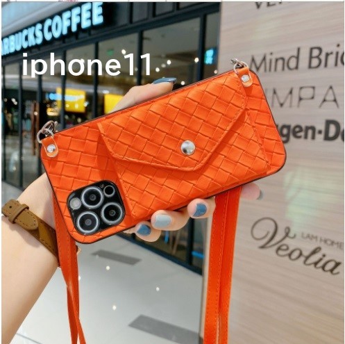 (P94) iPhone11ProMax smartphone case leather shoulder strap back card pouch iPhone notebook type orange 